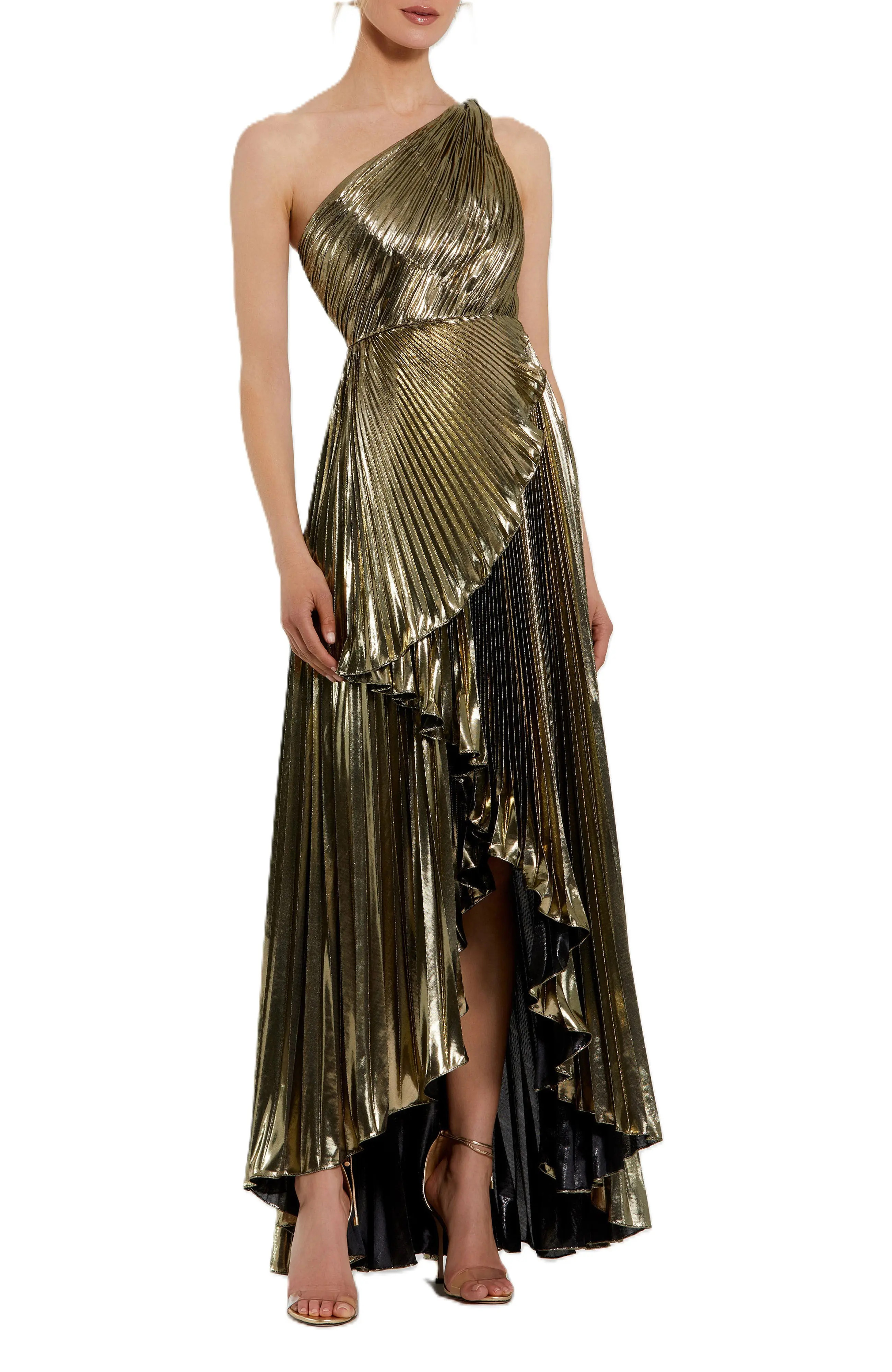Mac Duggal Pleated Metallic One Shoulder High Low Gown (Women) | Nordstrom | Nordstrom