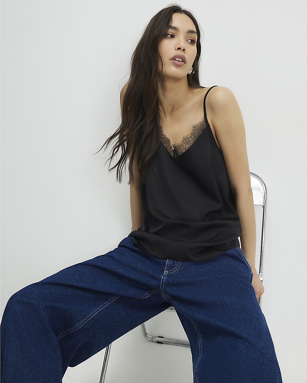 Black Satin Lace Trim Cami Top | River Island UK & IE