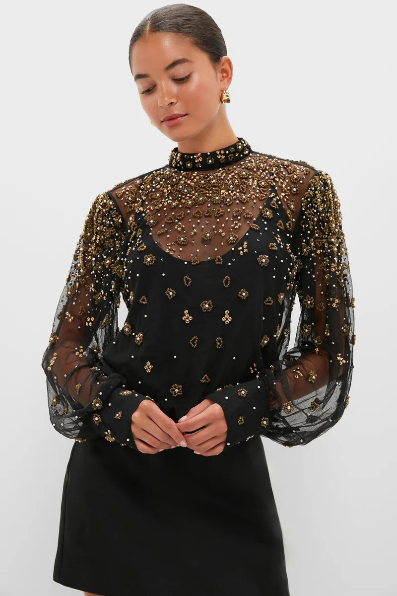 Black Embroidered Bubble Tulle Blouse | Tuckernuck (US)