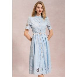 Floral Cutwork Embroidery Pearl Belt Midi Dress in Blue for Coastal Getaways & Beachside Dinners | Chicwish