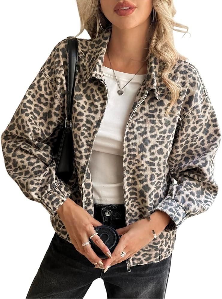 Cicy Bell Womens Casual Leopard Zip Up Bomber Jackets Cropped Long Sleeve Denim Coats Trendy Coll... | Amazon (US)
