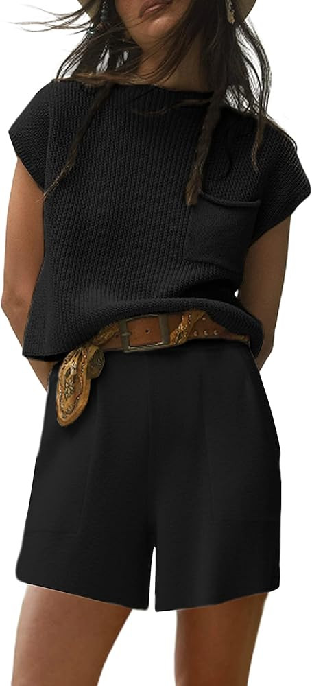 Dqbeng Womens 2 Piece Outfits Sweater Sets Knitted Pullover Tops High Waisted Shorts Tracksuit | Amazon (US)