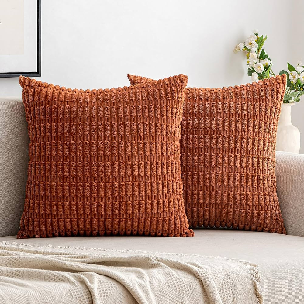 Woaboy Pack of 2 Corduroy Decorative Throw Pillow Covers 18X18 Inch Rust Couch Pillow Covers Soft... | Amazon (US)