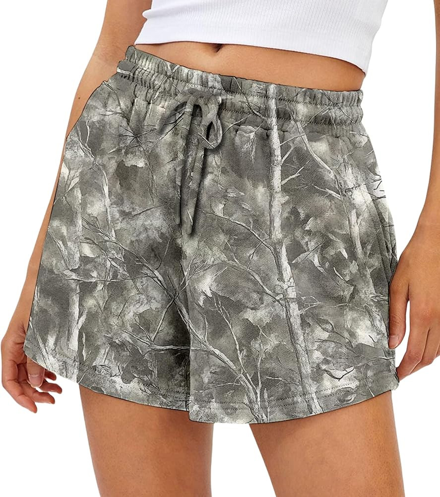 Camo Sweat Shorts for Women Drawstring Elastic Waist Maple Leaf Print Lounge Athletic Shorts with... | Amazon (US)