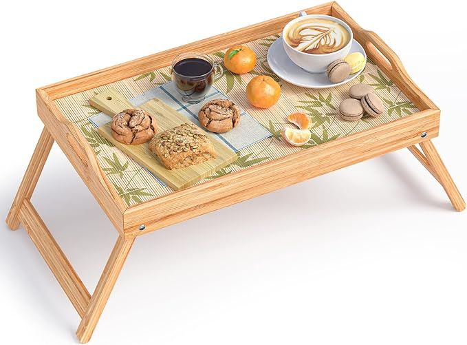 Bamboo Bed Tray Table, Breakfast Tray w/Removable Bamboo Mat & Folding Legs & Handles, Bed Trays ... | Amazon (US)