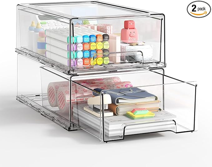 2 Pack Plastic Drawer Storage, Clear Stackable Storage Drawers Large Storage Bins with Drawers, A... | Amazon (US)