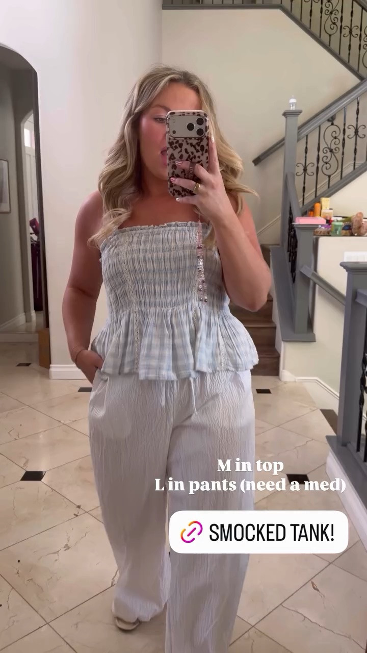 How cute is this smocked gingham tank with all the details?! Love these fun crinkly pants too!  M in top
L in pants (need a med)

#LTKSeasonal #LTKMidsize