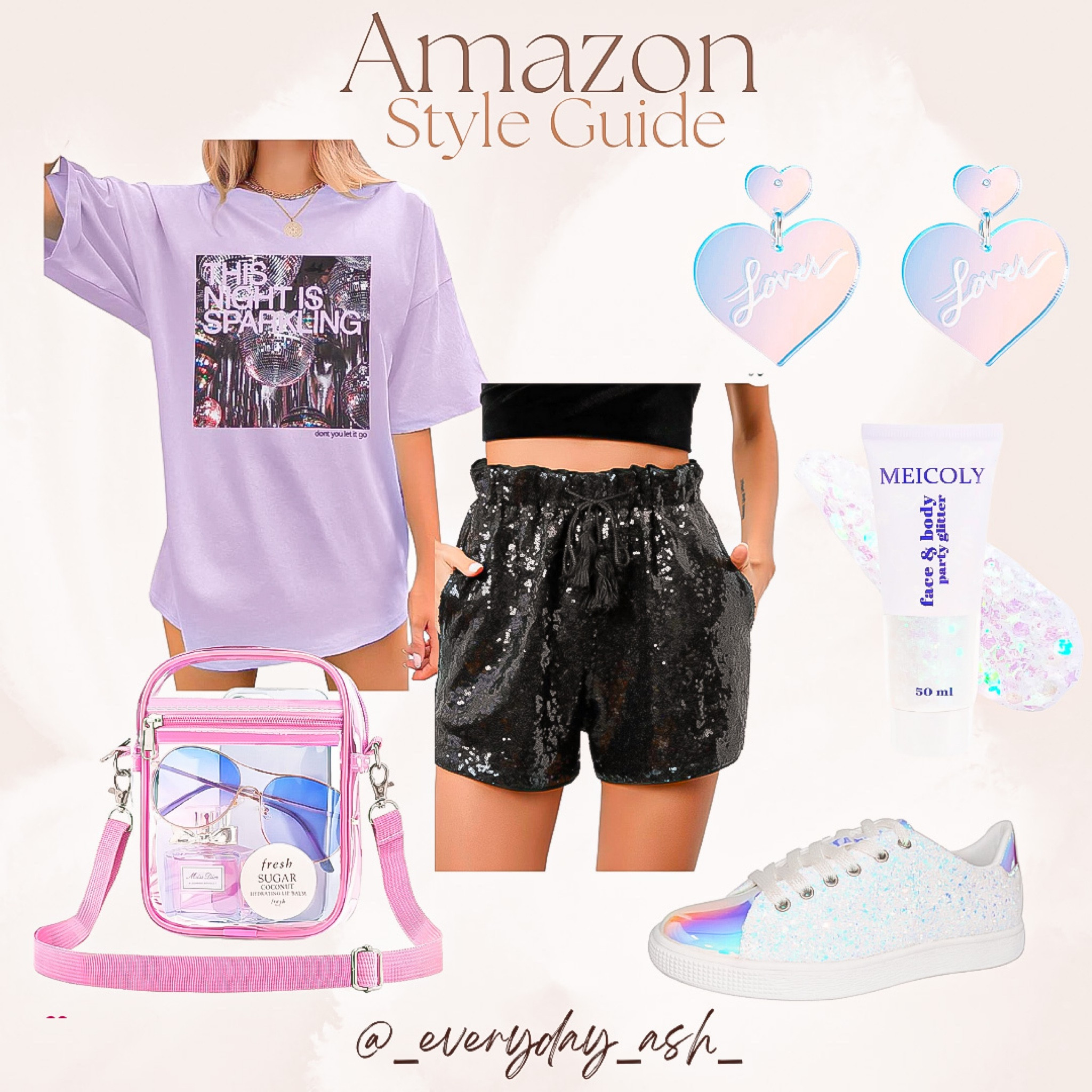 Taylor swift -ERAS OUTFIT 

Take this outfit from a concert to girls night or even Halloween 👻 you can easily choose one item and style is so differently 💕

Amazon, Amazon fashion, Amazon must have, eras your outfit, Taylor swift concert, sparkle shorts, Taylor swift tshirt, Halloween costume, glitter, earrings, lovers era, clear stadium bag, sneakers, white sneakers 

#LTKshoecrush #LTKstyletip #LTKFind
