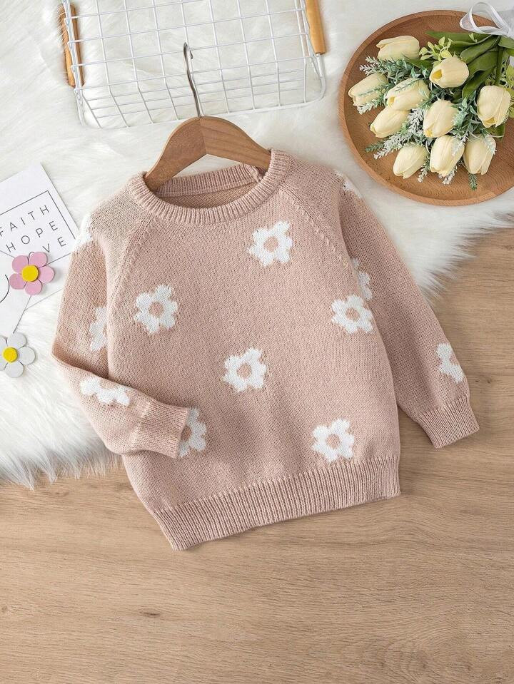 Young Girl Floral Pattern Raglan Sleeve Sweater | SHEIN