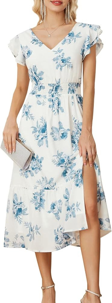 GRACE KARIN Women's V Neck Ruffle Sleeve Summer Dress 2024 Split Flowy Tiered Midi Dress Wedding ... | Amazon (US)