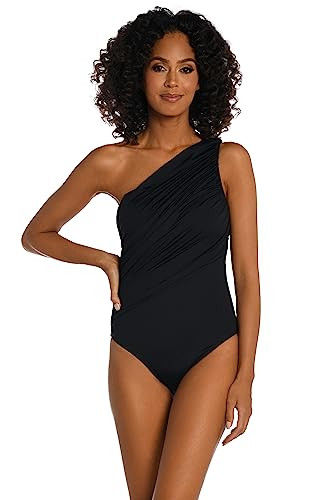 La Blanca Women's Island Goddess Shirred One Shoulder One Piece Swimsuit, Black, 10 | Amazon (US)
