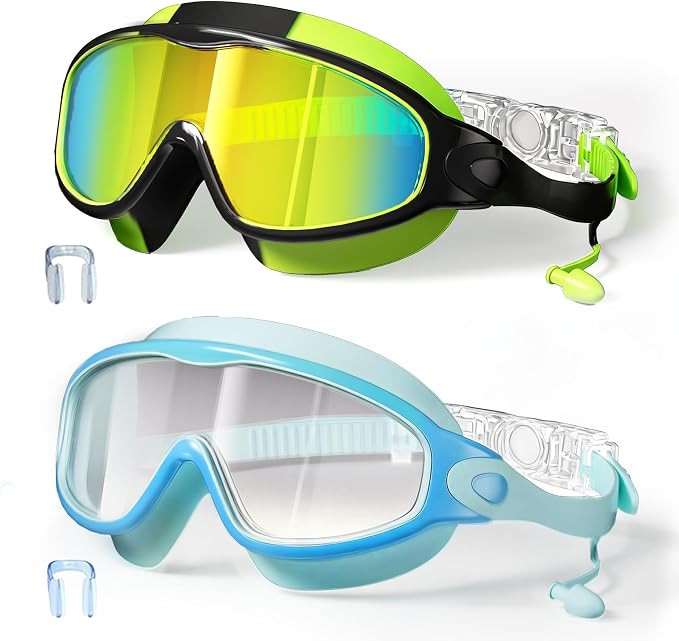 Swim Goggles for Kids 3-15 with Earplugs Large Frame Anti-Fog/UV Swimming Goggles for Boys Girls ... | Amazon (US)