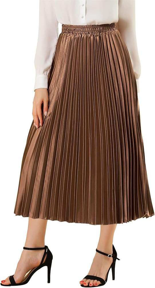 Allegra K Women Pleated Skirt Midi Length Elastic High Waisted A Line Swing Flare Metallic Shirri... | Amazon (US)