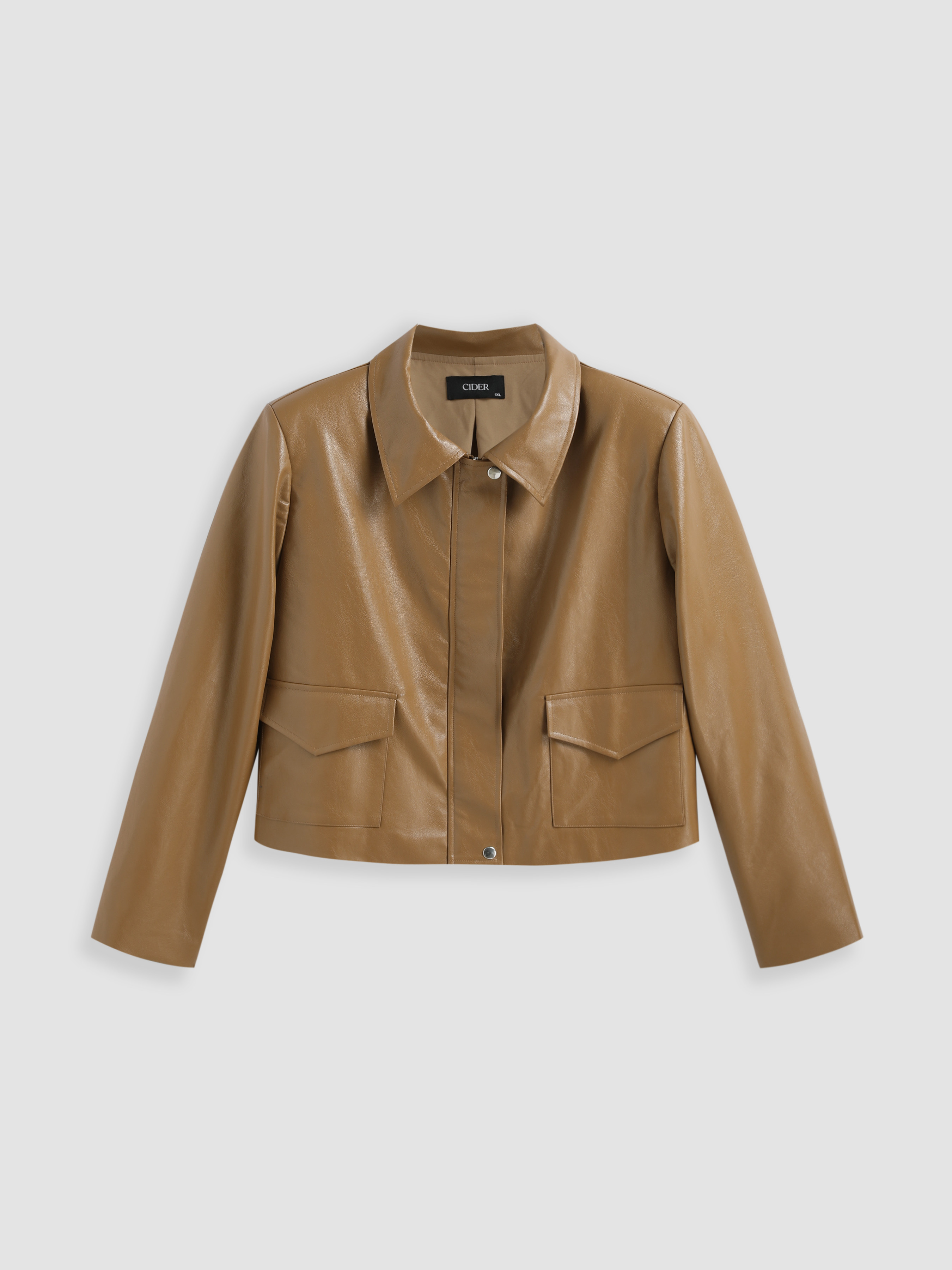 Faux Leather Collar Solid Pocket Biker Jacket Curve & Plus For Exhibition Work | Cider