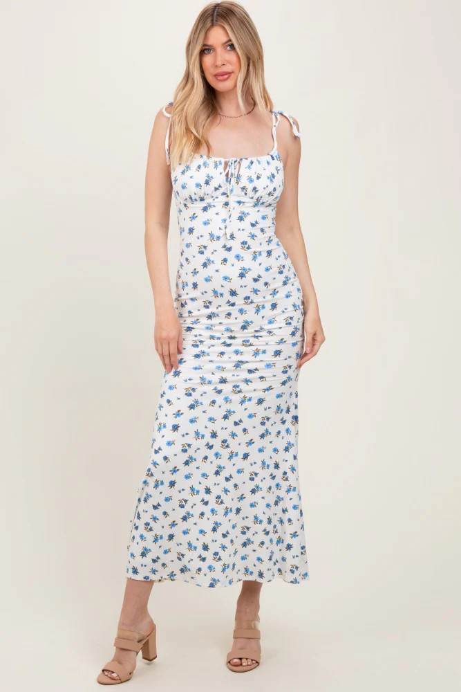 Blue Ribbed Floral Shoulder Tie Maxi Dress | PinkBlush Maternity