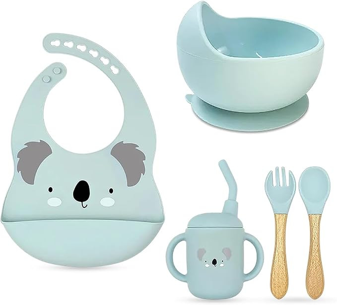 ZYLOSTORE Baby Feeding Set, Silicone Bowl & Utensils, 4-Piece, Blue | Amazon (US)