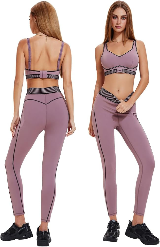 Workout Sets for Women 2 Piece Matching Set, High Waisted Leggings with Pockets & Padded Sports B... | Amazon (US)