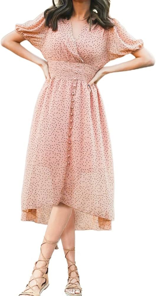 PRETTYGARDEN Women's Floral Wrap V-Neck Midi Dress Short Sleeve Boho Summer Beach Long Dress High... | Amazon (US)