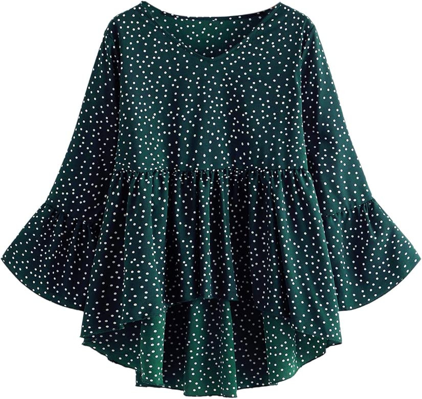 Women's Polka Dot Flounce Sleeve High Low Hem Peplum Blouse Shirt Top | Amazon (US)
