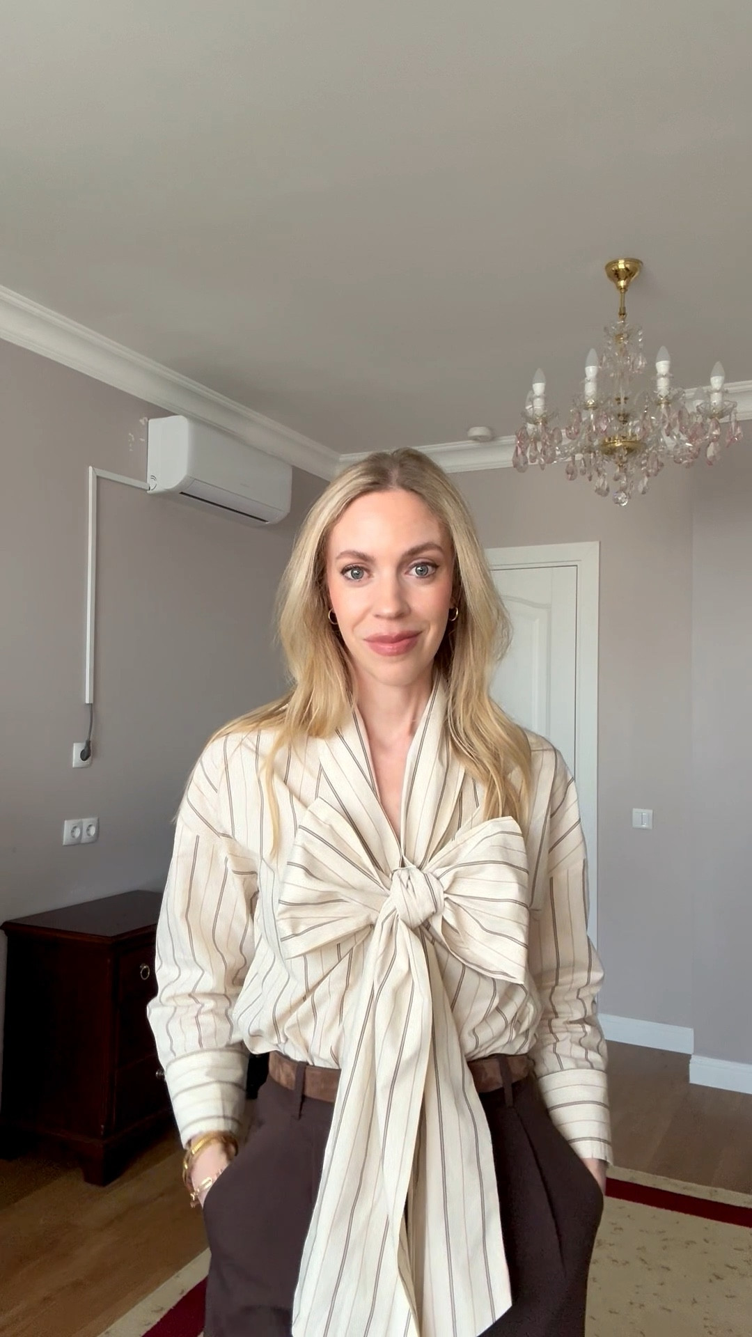 Work outfit, spring workwear top, bow tie blouse, @abercrombie chocolate brown trousers 

#LTKOver40 #LTKWorkwear #LTKootd