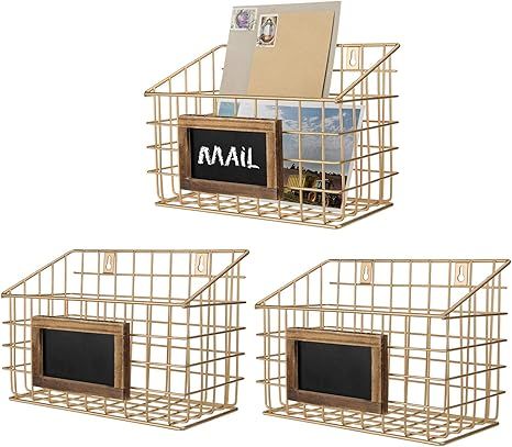 MyGift Contemporary Gold Metal Wire Wall Mounted Storage Baskets with Chalkboard Labels, Set of 3 | Amazon (US)