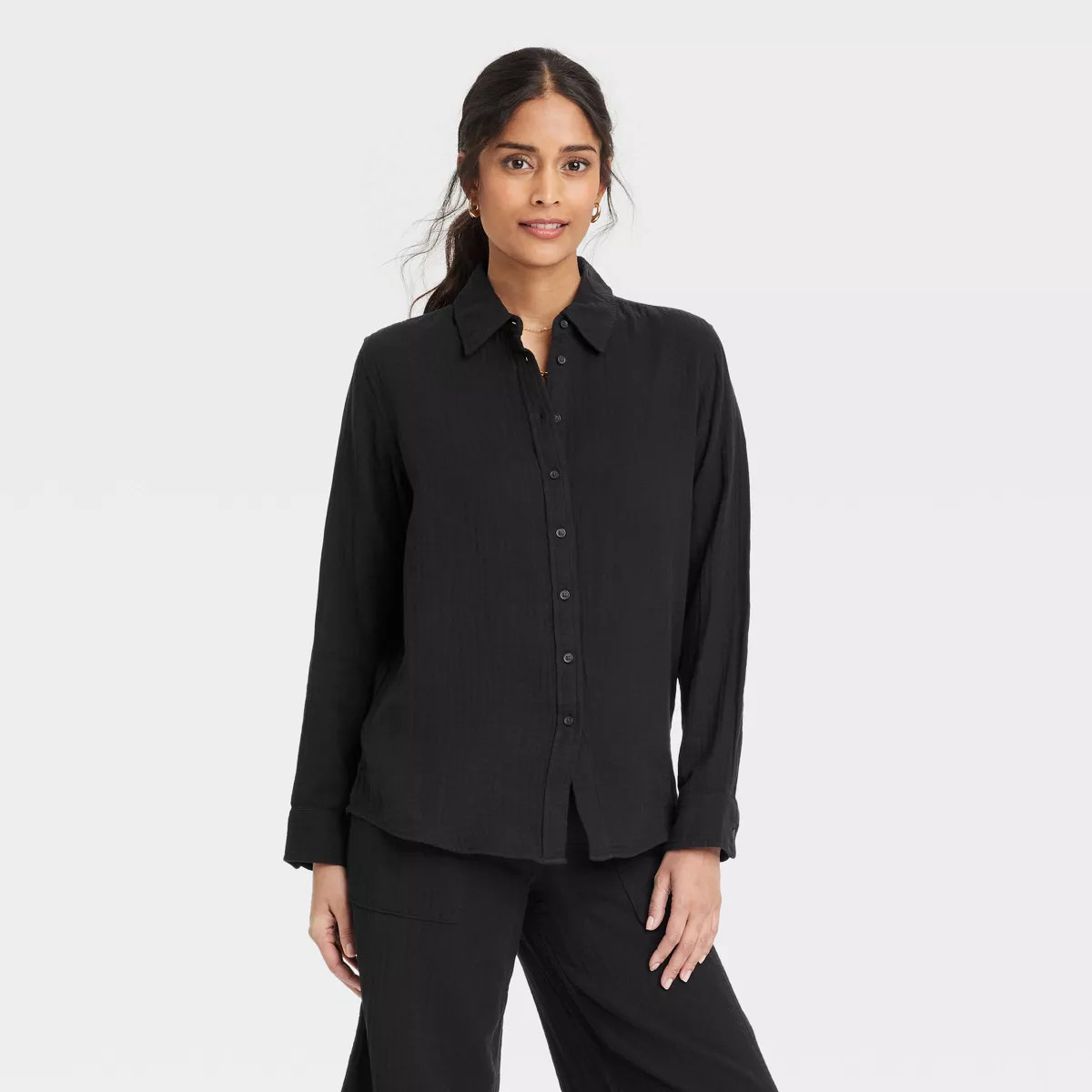 Women's Gauze Long Sleeve Collared Button-Down Shirt - Universal Thread™ Black S: Lightweight W... | Target