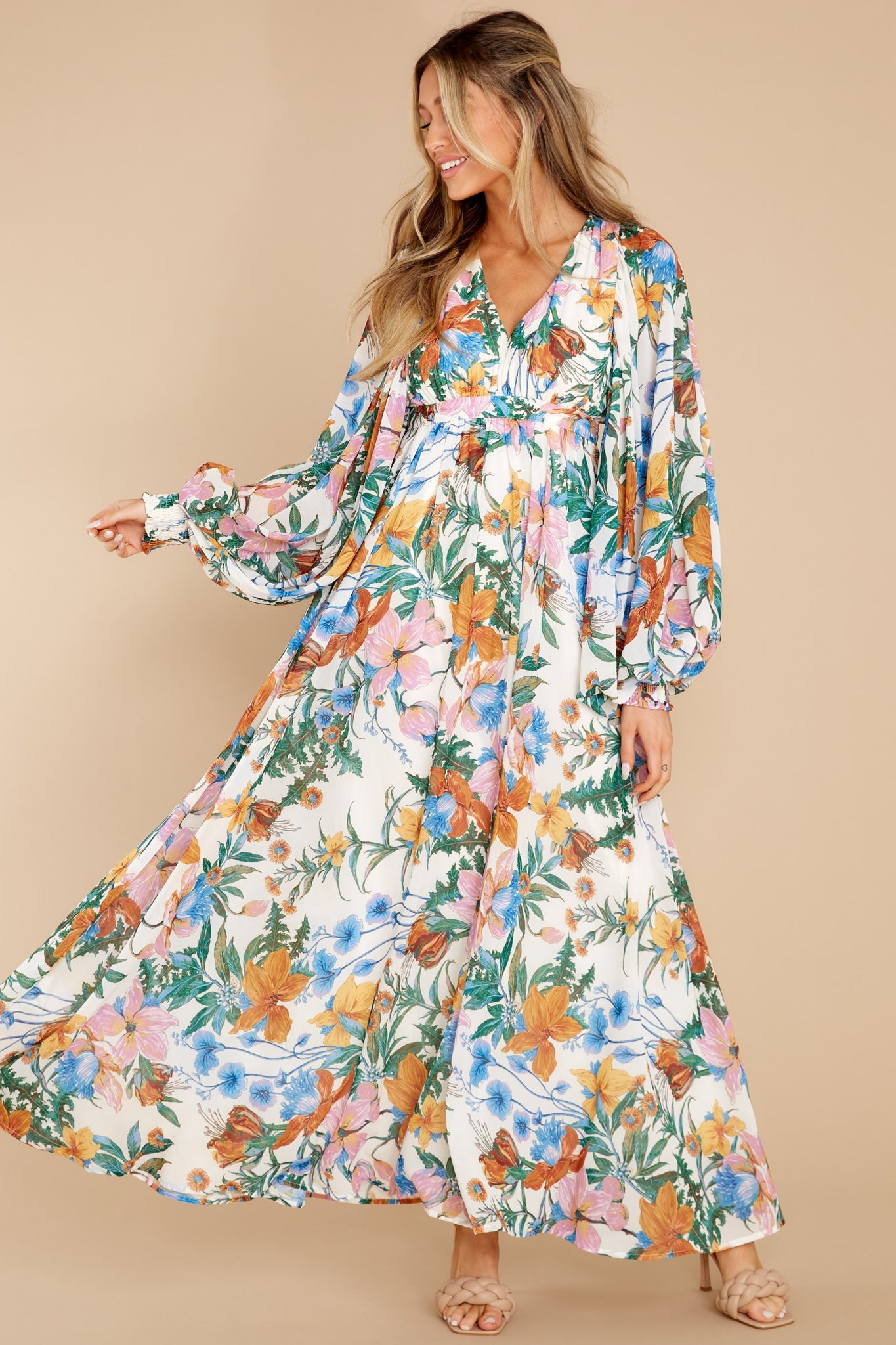 Blooming Desire Ivory Multi Floral Print Maxi Dress | Red Dress 