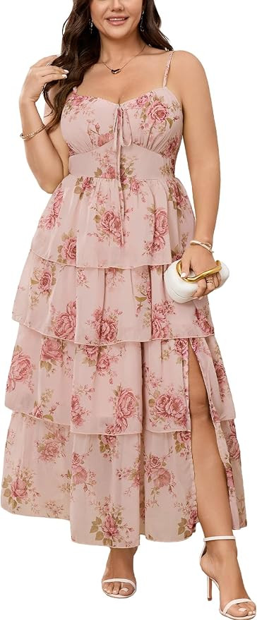 SHESTARR Womens Plus Size Maxi Dress Elegant Wedding Guest Cocktail Party Spaghetti Strap Tiered ... | Amazon (US)
