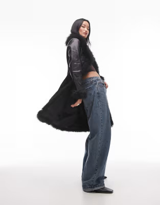 Mango fur edge leather look trench in black | ASOS (Global)