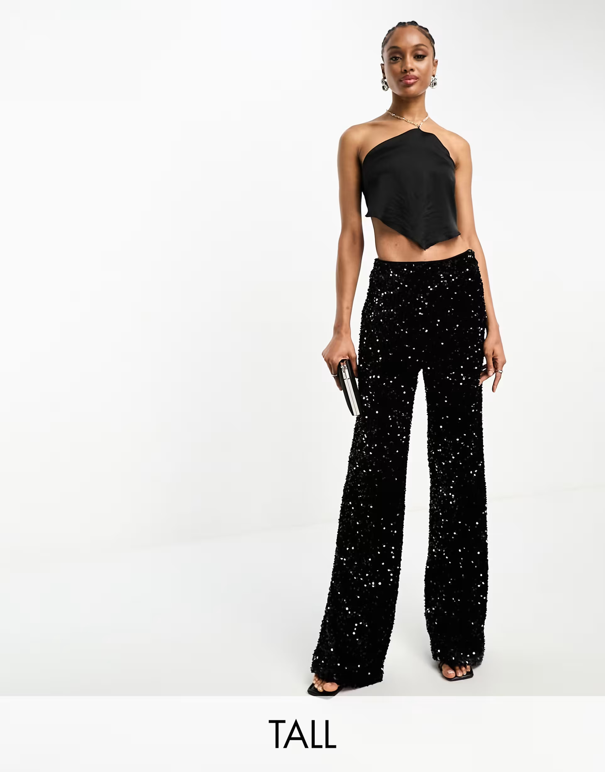 Extro & Vert Tall - Ruimvallende fluwelen broek met lovertjes in zwart | ASOS (Global)