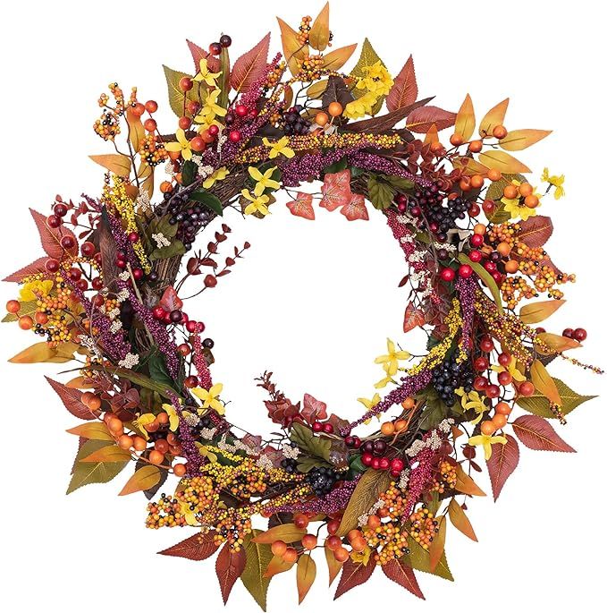 joybest 24 Inch Fall Door Wreath Berry Wreath Autumn Wreath Fall Leaf Flower Harvest Wreath for F... | Amazon (US)