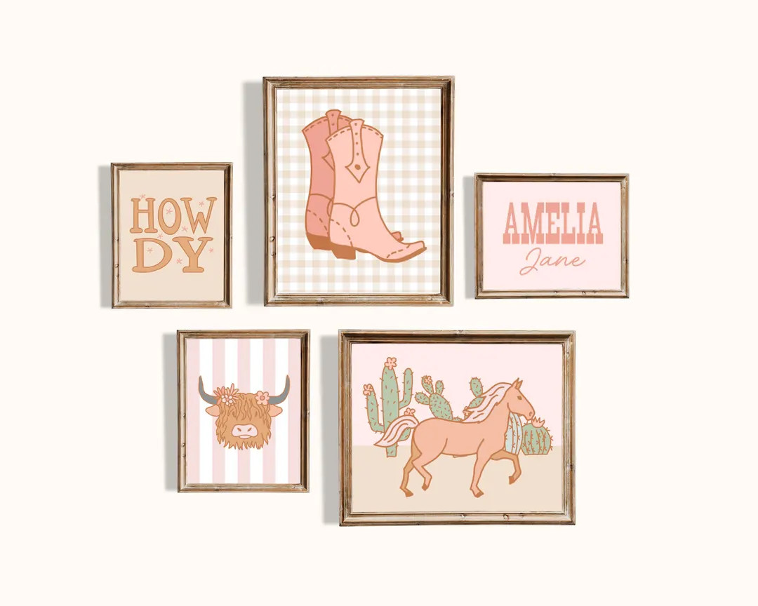 Cowgirl Nursery Set of 5 Gallery Wall Art Prints with Custom Name on Gingham, Boho Western Girl N... | Etsy (US)