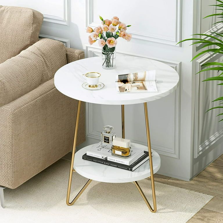 Marble End Table, 2 Tier Round Side Table with Shelves, Modern Gold Nightstand Bedside Table Smal... | Walmart (US)