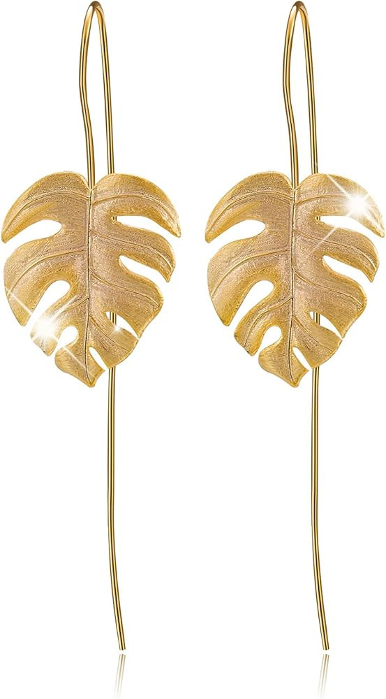 14K Yellow Gold Plated S925 Sterling Silver Drop Earrings Monstera Leaves Dangle Earrings, Handma... | Amazon (US)