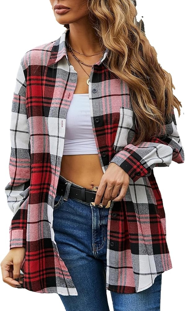 Womens Fashion Flannel Buffalo Plaid Shirt Button Down Long Sleeve Casual Loose Collared Shirts B... | Amazon (US)
