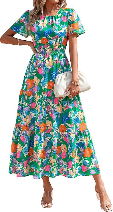PRETTYGARDEN Women's Summer Casual Short Flutter Sleeve Round Neck Smocked Waist Tiered Boho Flor... | Amazon (US)