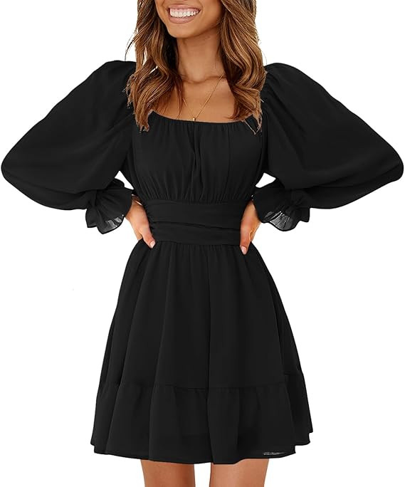 EXLURA Women's 2026 Casual Long Lantern Sleeve Dresses Square Neck Ruffle Tie Back Elastic Waist ... | Amazon (US)