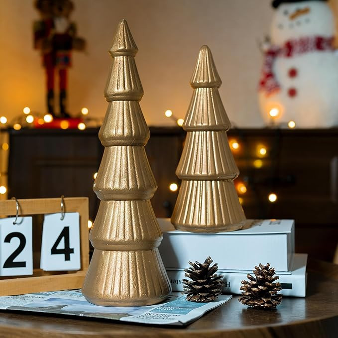 NEROSUN Christmas Tree Tabletop, Set of 2 Wooden Gold Tree Figurine Table Centerpiece, Christmas ... | Amazon (US)