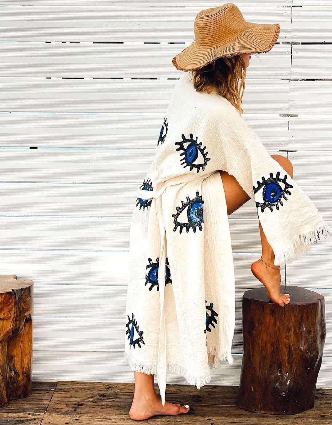 Turkish Cotton green Evil Eye Kimono, Cardigan Robe, Evil Eye Ethnic Boho Festival robe, White Lo... | Etsy (US)