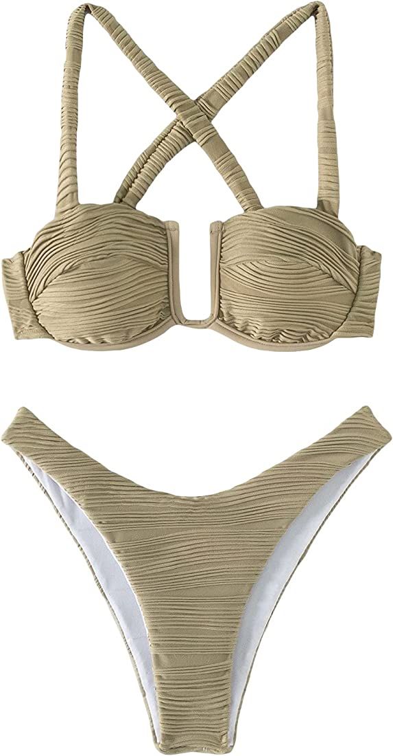MakeMeChic Women's 2 Piece Bathing Suits Criss Cross Tie Back Underwire High Cut Bikini Set Swimsuit | Amazon (US)
