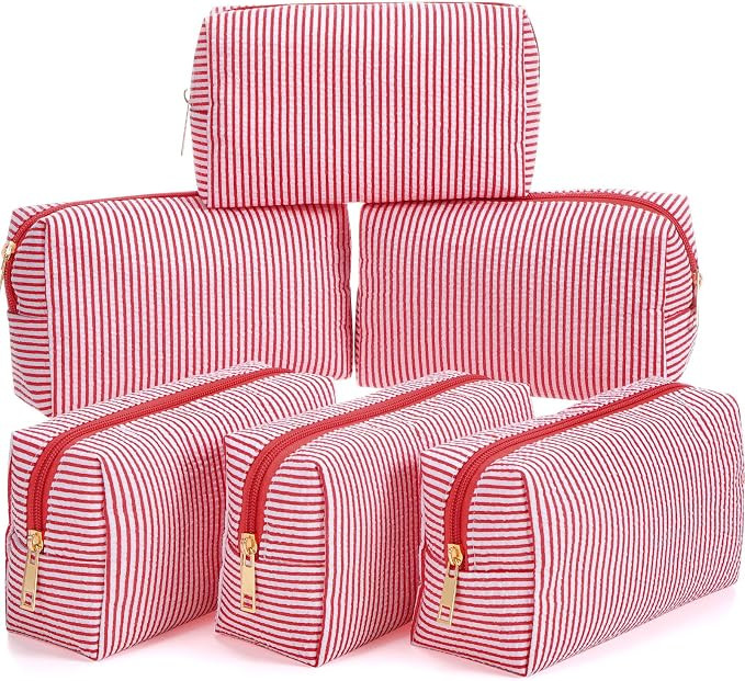 6 Pcs Seersucker Cosmetic Bags Bulk, Striped Zippered,Red | Amazon (US)