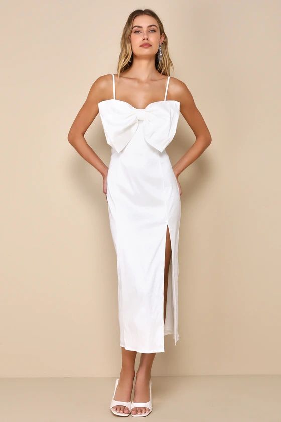 Statement Sweetie White Taffeta Sleeveless Bow Midi Dress | Lulus