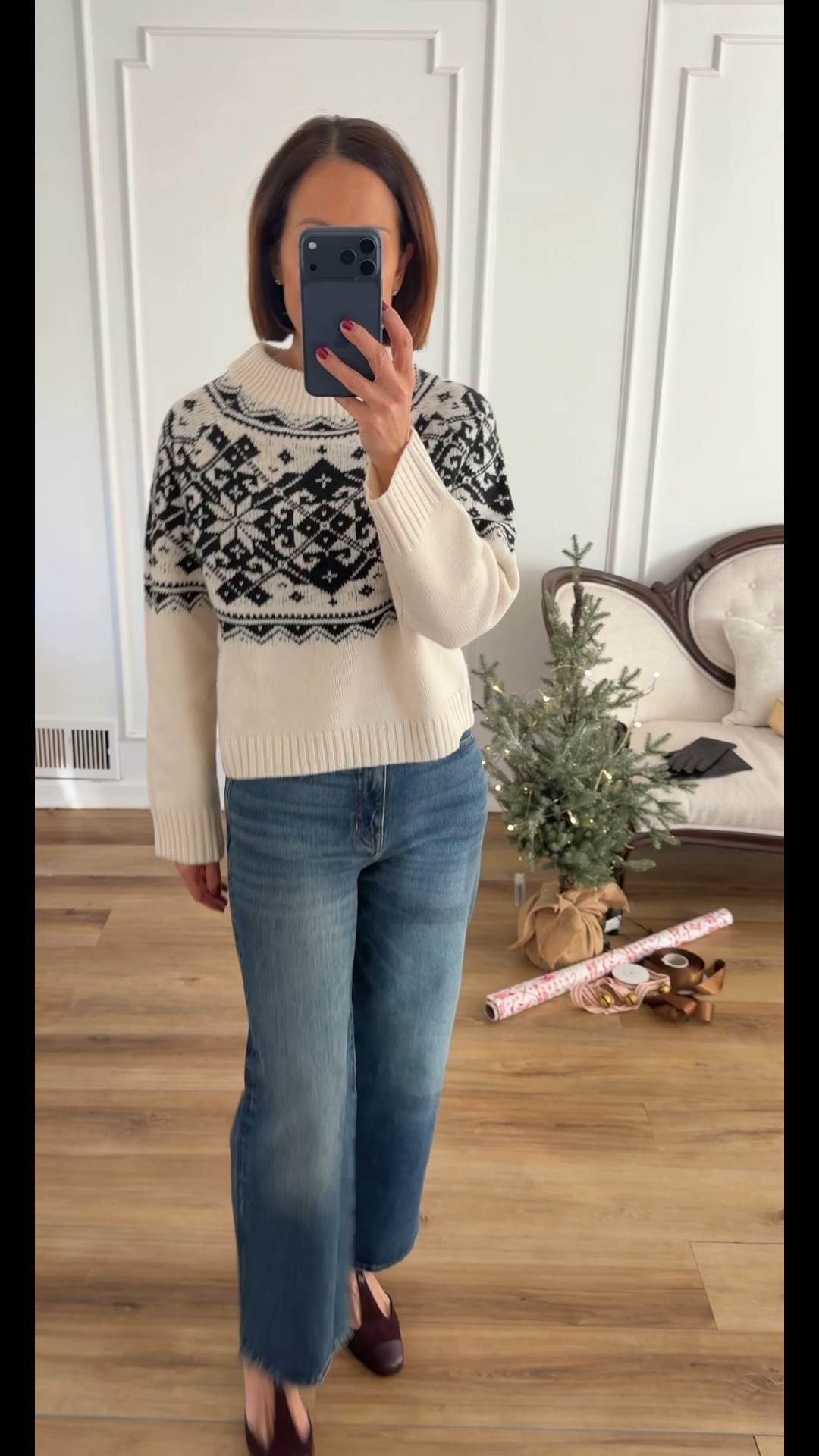 Holiday outfit for Thanksgiving or Christmas.
JCrew fair isle sweater, slim denim, and burgundy heels. All run true to size. 

#LTKSeasonal #LTKOver40 #LTKCyberWeek