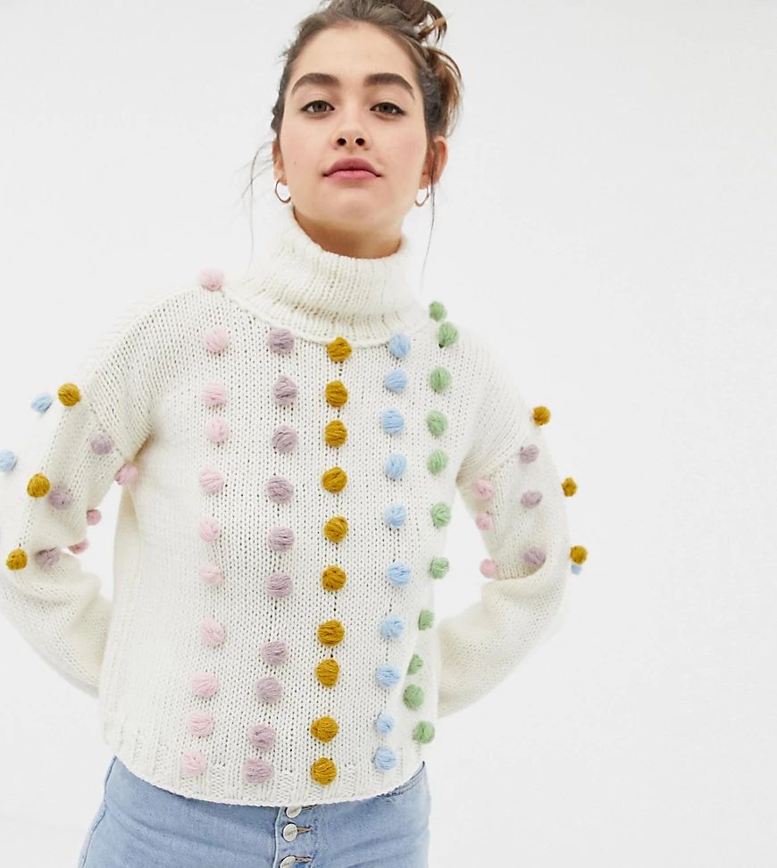 OneOn exclusive hand knitted multicoloured pom pom jumper-Cream | ASOS (Global)