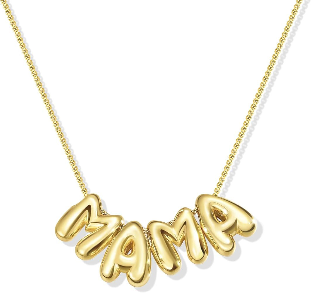 KissYan Mama Necklace for Women 14K Gold Plated Bubble Mom Pendant Necklace | Amazon (US)