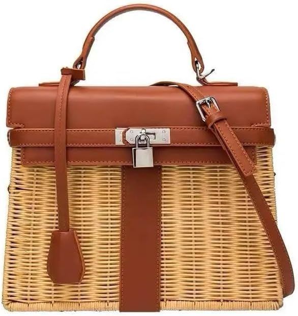 Rattan Luxury Handbag with Metal Lock and Faux Leather Strap | Amazon (US)