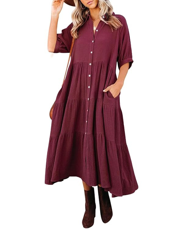 R.Vivimos Women's Summer Cotton Half Sleeves Button Down Casual Loose Slit Midi Dress with Pocket... | Amazon (US)