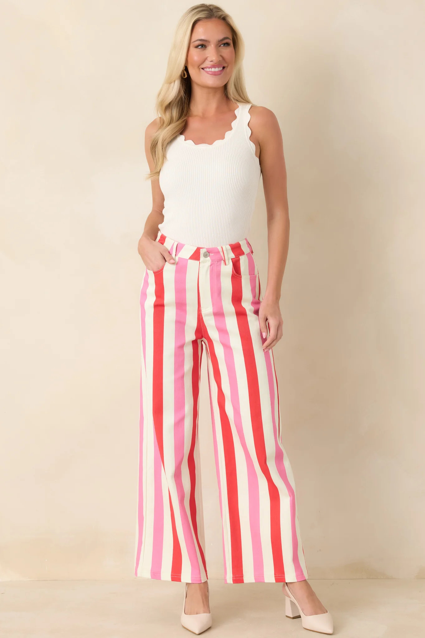 Making It Bright Pink Multi Striped Wide Leg Pants S / Pink | Red Dress