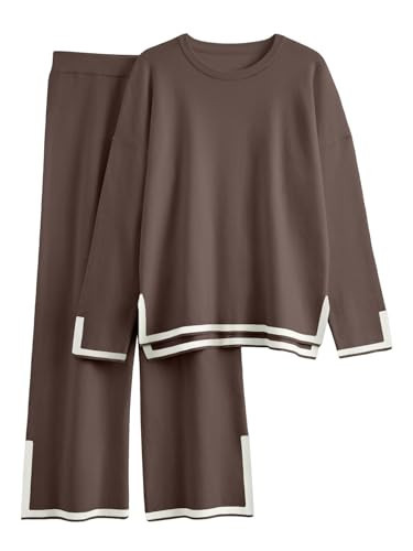 LILLUSORY Women Fall 2 Piece Lounge Set Outfits Sweatsuits Long Sleeve Sweater Tops Wide Leg Pants 2025 Nutmeg XL | Amazon (US)
