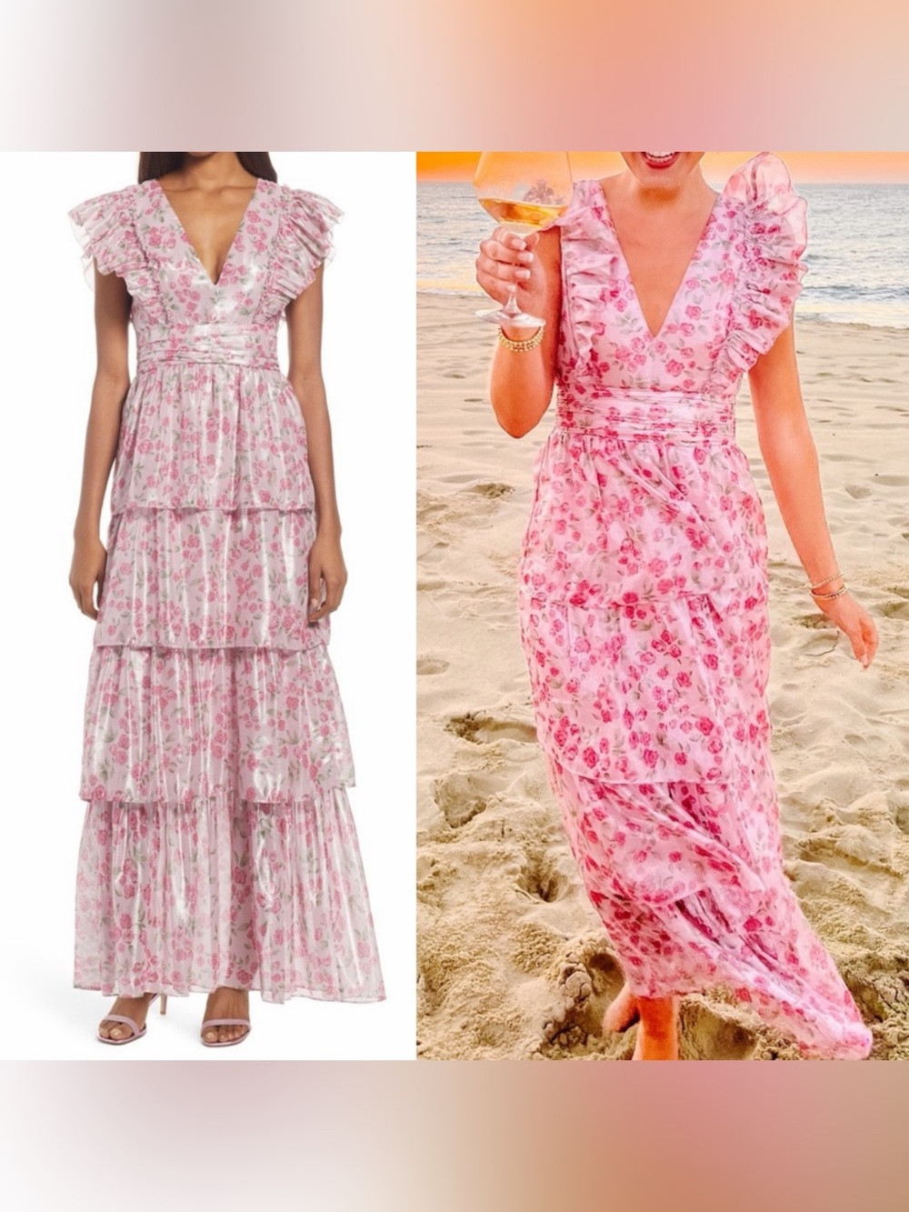 New! Saylor- Stefania Dress Metallic Pink Floral Tiered Maxi Ruffle Sleeve Large | Poshmark